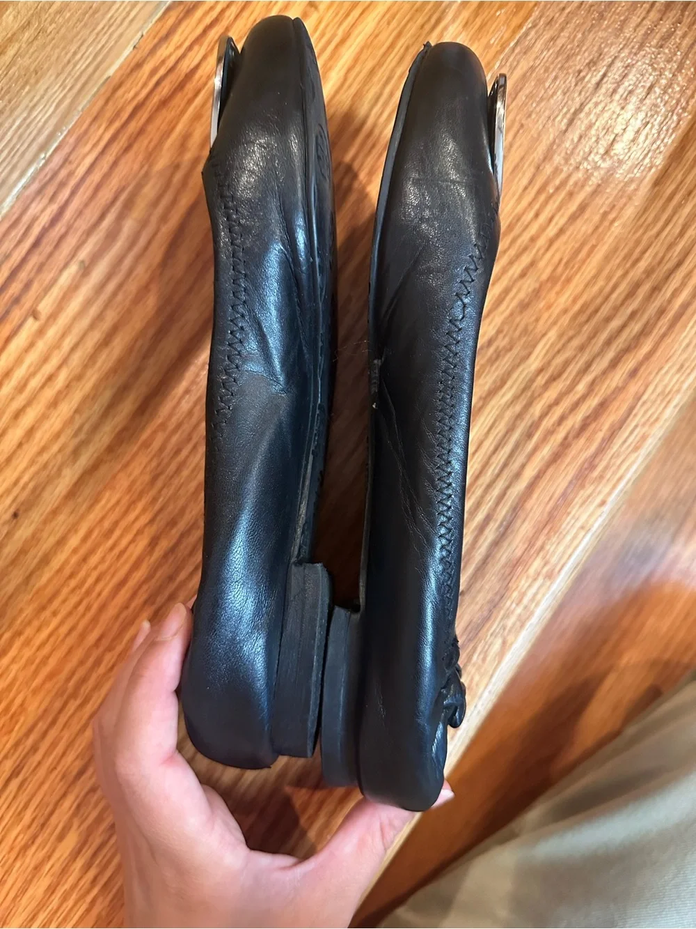 Tory Burch Black Leather Logo Ballet Flats with Silver Emblem